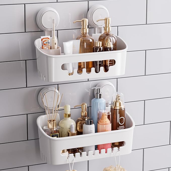 TAILI Shower Caddy Suction Cup 2 Pack, Heavy Duty Bathroom Organizer, Removable Shelves for Inside Shower, Shampoo, Waterproof Suction Plastic Storage for Bathroom Accessories Holder, White