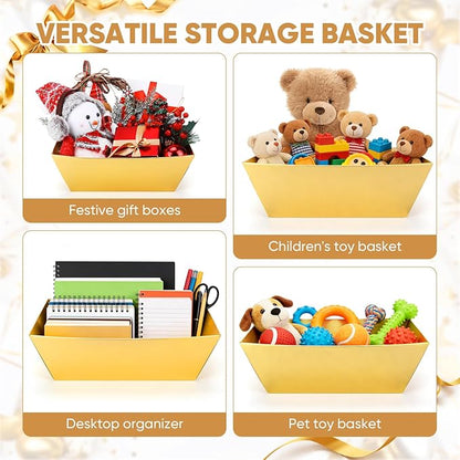 AFOROEOA 6PACK Gold Baskets for Gifts Empty, 12x10x4” Thick Cardboard Gift Basket Kit with 6 Bows & 6 Bags - Kraft Empty Gift Baskets for Christmas, Weddings, Birthdays, Holiday Gifting