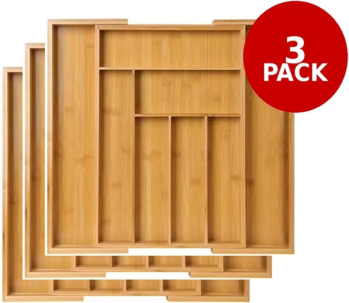 Kitchen Drawer Organizer Expandable Bamboo, Utensil Organizer for Kitchen Drawer, Adjustable Silverware Organizer Tray 13–19.6”, Wooden Cutlery Drawer Organizer, Deep Compartments (3)