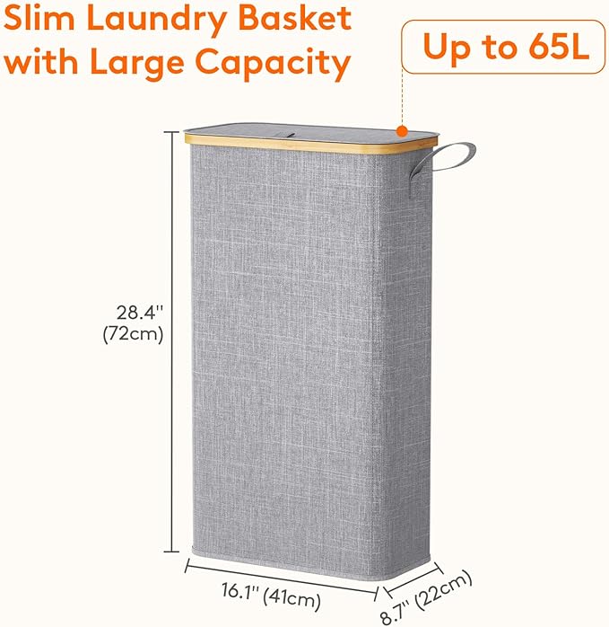 Lifewit 65L Slim Laundry Hamper with Lid, Narrow Laundry Basket with Removable Bag & Bamboo Handles, Fodable Thin Dirty Clothes Hamper for Laundry Collapsible Bin for Bathroom Bedroom Dorm, Gray