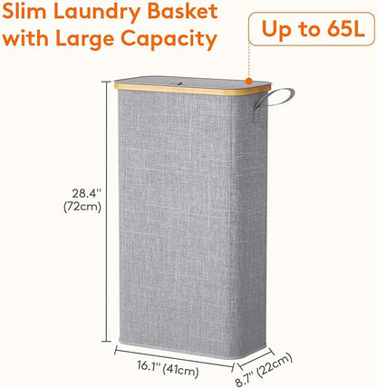 Lifewit 65L Slim Laundry Hamper with Lid, Narrow Laundry Basket with Removable Bag & Bamboo Handles, Fodable Thin Dirty Clothes Hamper for Laundry Collapsible Bin for Bathroom Bedroom Dorm, Gray