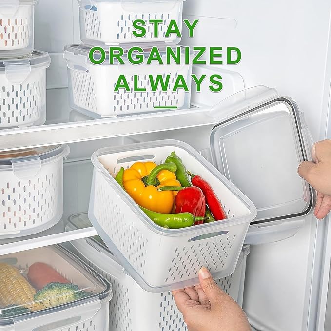 Freshmage Fruit Storage Containers for Fridge with Removable Colander, Airtight Food Storage Container, Dishwasher Safe Produce Saver for Refrigerator, Keep Berry Fruit Fresh Longer 10 pcs Large Clear
