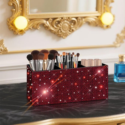 Bling Makeup Brush Holder Organizer, 3 Slot Sparkle Cosmetics Brushes Storage Holders with Shiny Rhinestones, Glitter Cute Pen and Pencil Holder for Desk, Eyeliners Display Case for Vanity（Wine Red）