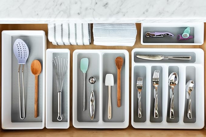 madesmart Premium Small Utensil Tray, Deep Storage for Ladles, Whisks & Serving Tools, Non Slip Lining, for Drawers & Home Organization, White