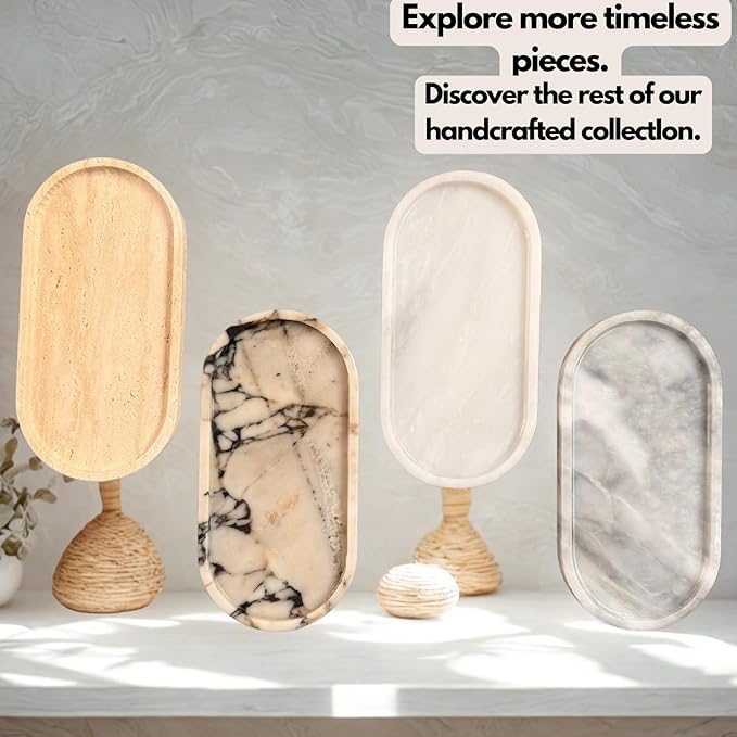 White Marble Oval Bathroom Vanity Tray – 12”x6” Marble Tray for Countertop, Perfume & Jewelry Display | Solid 2cm Thick Stone Tray