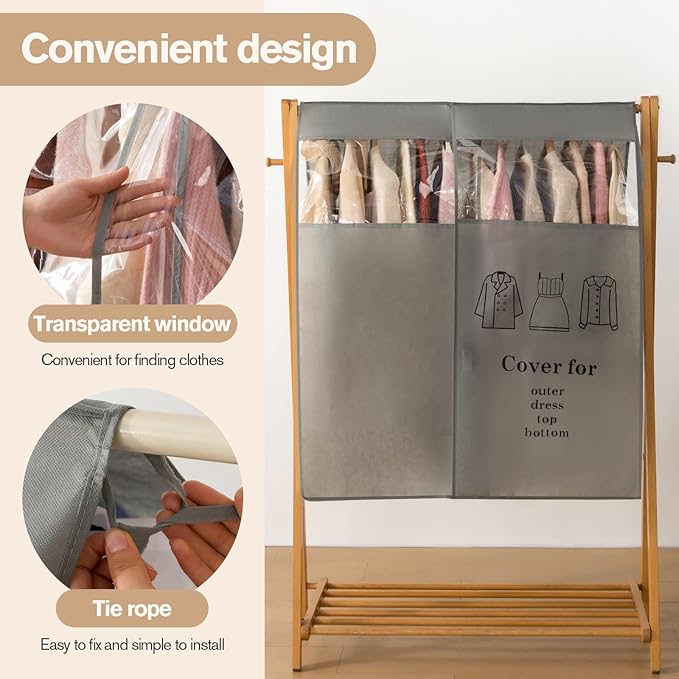 Non woven clothing cover with transparent window, suitable for hanging clothing storage protectors for dresses, tops, and outerwear (Grey, 34inch*2Pack)