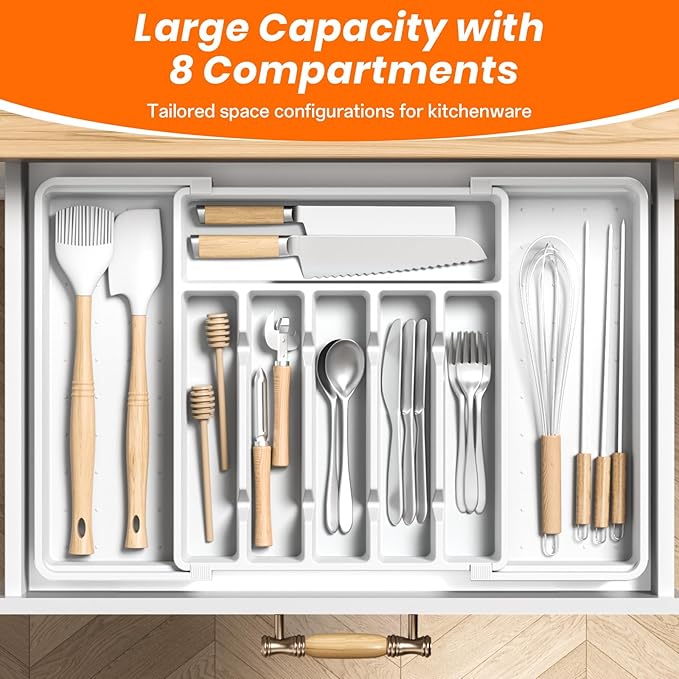 RoomHacks Large Silverware Organizer,Expandable Utensil Drawer Organizer,BPA Free Utensil Holder,Adjustable Silverware Tray Cutlery Drawer Organizer for Kitchen Flatware,Large,White (6-8 Slots)