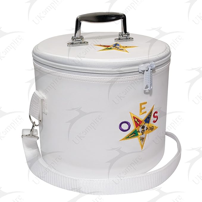 Premium Masonic OES Fez Hat Case White Leather, O in Purple Eastern Star Dual Emblems Front & Top (Machine Embroidery) with Shoulder Strap