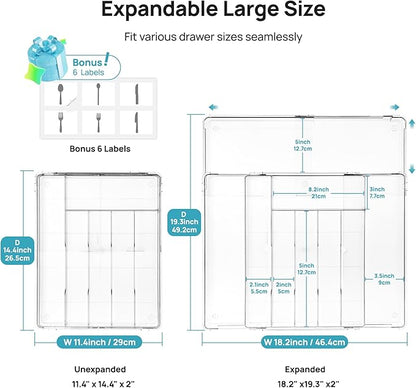 Vtopmart Expandable Silverware Organizer, Clear Plastic Food-Safe Cutlery Flatware Organizer, Kitchen Utensil Drawer Organizer, Adjustable Silverware Holder for Spoons Forks Knives, (6-9 Slots)