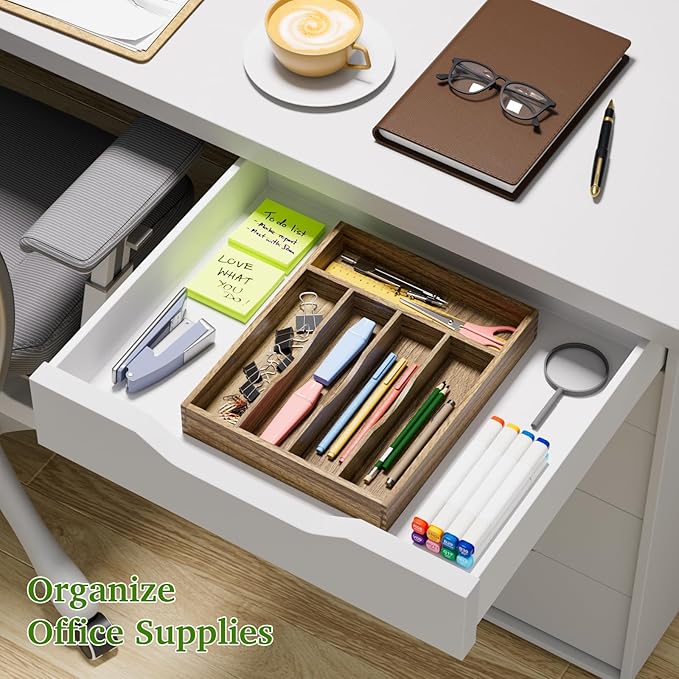 Kiasthome Acacia Wood Silverware Drawer Organizer, Kitchen Utensil Cutlery Drawer Organizer with Grooved Dividers, Flatware Organizer Silverware Tray Holder for Spoon, Fork, 11''x13.8'' (5 Slots)