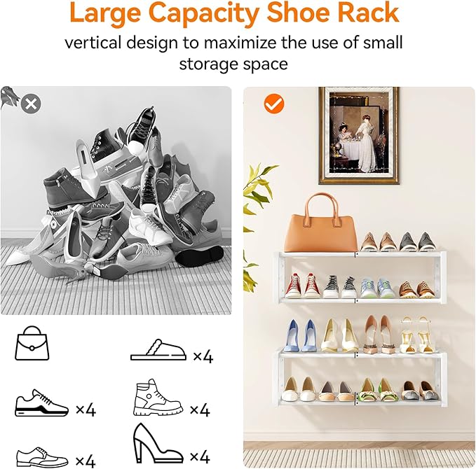 IBUYKE 2 Pack Wall Mounted Shoe Rack, 16"-29” Expandable Hanging Shoe Organizer for 12-16 Pairs, Space Saving Metal Wall Shoe Storage for Entryway Closet, White TXJ001W-2