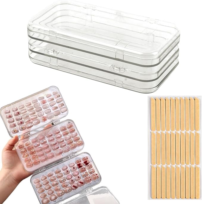 Tri-Fold Press On Nail Organizer Case, Press on Nail Storage Box Acrylic Nail Display Box Clear Nails Packaging Storage Case with Adhesive Strips for Fake Nail Home Travel Use