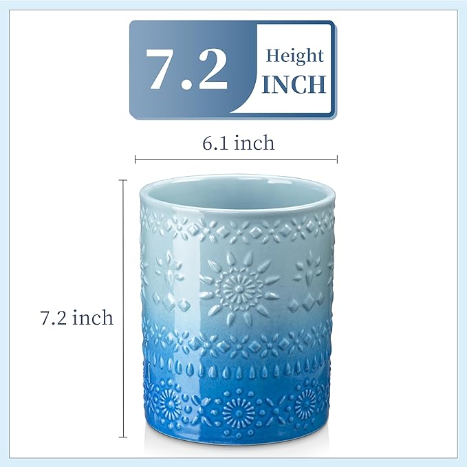 LOVECASA Extra Large Kitchen Utensil Holder, 7.2" Ceramic Farmhouse Utensil Holder For Kitchen Décor Countertop With Heavy And Sturdy Base, Utensil Crock Organizer, Blue