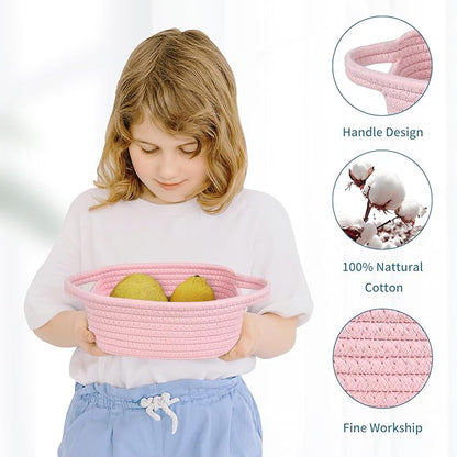 ABenkle Small Storage Basket, Mini Basket, Cute Tiny Cotton Rope Woven Basket, Shelf Basket, Boho Decorative Toy Dog Cat Basket for Nursery, Bedroom, Spa, Empty Gift Basket - XS, Pink