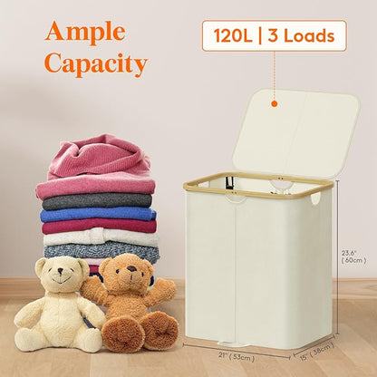 Lifewit 120L Double Laundry Hamper with Lid, Large Laundry Basket with Removable Bag & Bamboo Handles, Fodable Tall Dirty Clothes Hamper for Laundry Collapsible Bin for Bathroom Bedroom Dorm, Beige