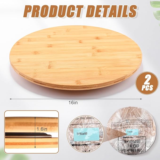 Nitial 2 Pack Bamboo Wood Lazy Susan Rotating Turntable Organizer Wooden Charcuterie Board Cheese Board Turntable for Dining Table Kitchen Cabinet Countertop Pantry Storage (16 Inch)
