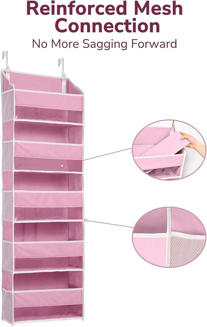 ULG 1 Pack Over Door Organizer with 5 Large Pockets 10 Mesh Side Pockets, 44 lbs Weight Capacity Hanging Storage Organizer with Clear Window Kids Toys, Shoes, Diapers, Pink