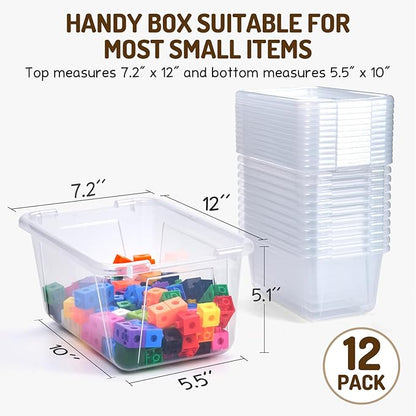 GAMENOTE 6 Quart Storage Bins with Lids, Plastic Latching Box for Classroom & Kids Toy Storage,Stackable Shoe Box Size Containers for STEM Morning Tubs, Crafts & Building Blocks (12, Clear)