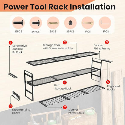 SINTIKI 49 inch Large Power Tool Organizer Wall Mount, 4 Layer Tool Storage Rack Loads 600 LBS, Rack Holds 12 Cordless Drills, Utility Racks for Garage Organization, Gift for Men