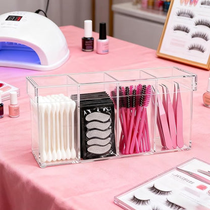 Klmnop Lash Extension Organizer with Lid, 4-Compartment Acrylic Storage Box for Lash Techs, Clear Eyelash Supplies Container Case with for Makeup Brushes and Beauty Tools(Clear)