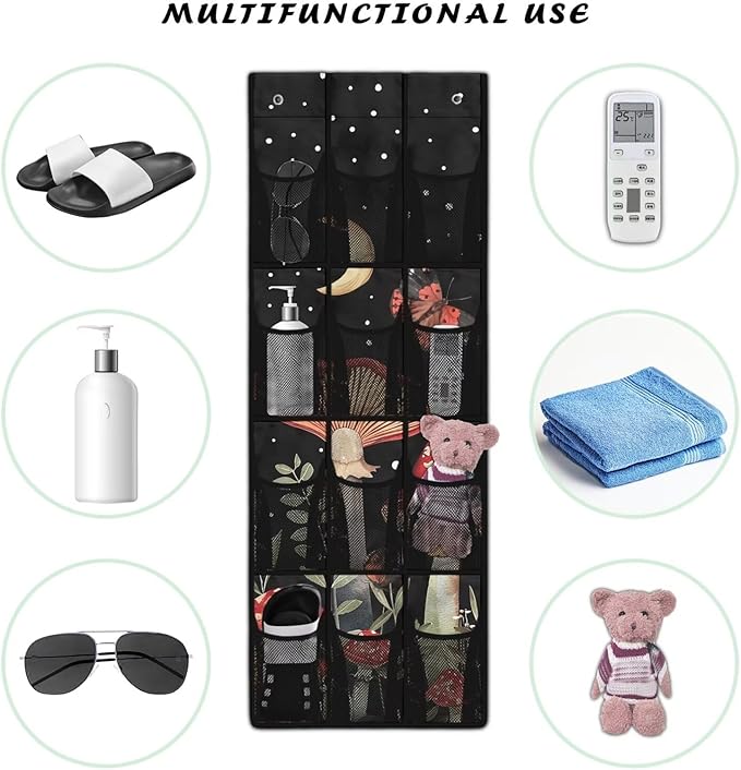Mushrooms Over the Door Organizer with 12 Mesh Pockets - Breathable Design for Bath Towels, Toiletries, Makeup (Waterproof Lining)