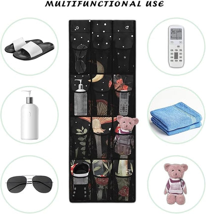 Mushrooms Over the Door Organizer with 12 Mesh Pockets - Breathable Design for Bath Towels, Toiletries, Makeup (Waterproof Lining)