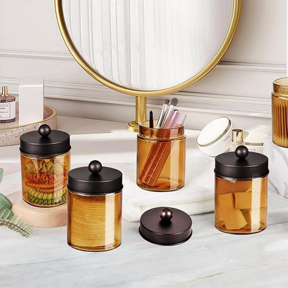 Amolliar Bronze Glass Apothecary Jar With Metal Lid & Stickers, Bathroom Qtip Dispenser Storage Canister, Perfect for Cotton Balls, Cotton Swabs, Makeup Pads, Bath Salt, Floss, 1 Pack (Bronze)