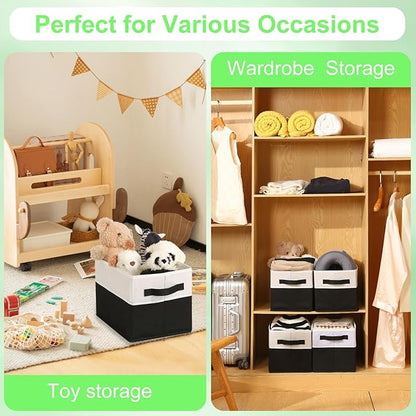 Large Shelf Storage Bins [4 Pack],Decorative Collapsible Storage Basket,Fabric Closet Organizer and Home Storage Cubes with Handles for Organizing Books, Clothes, Toys, Nursery（Black）