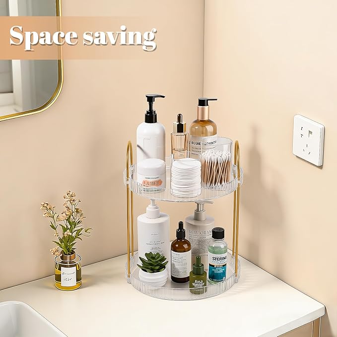 360° Rotating Makeup Organizer 2 Tier Large Capacity Perfume Skincare Tray for Dresser Spinning Bathroom Counter Organizer for Vanity Lazy Susan Turntable Storage for Kitchen, Clear