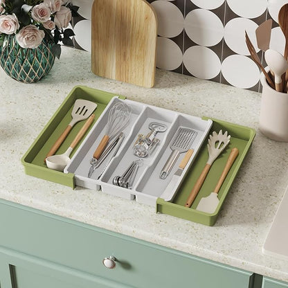 Lifewit Utensil Organizer for Kitchen Drawers, Expandable Cooking Utensil Tray, Adjustable Cutlery Silverware Flatware Holder, Plastic Spatula Tools Storage Divider, 13-22 x 15", Green&White
