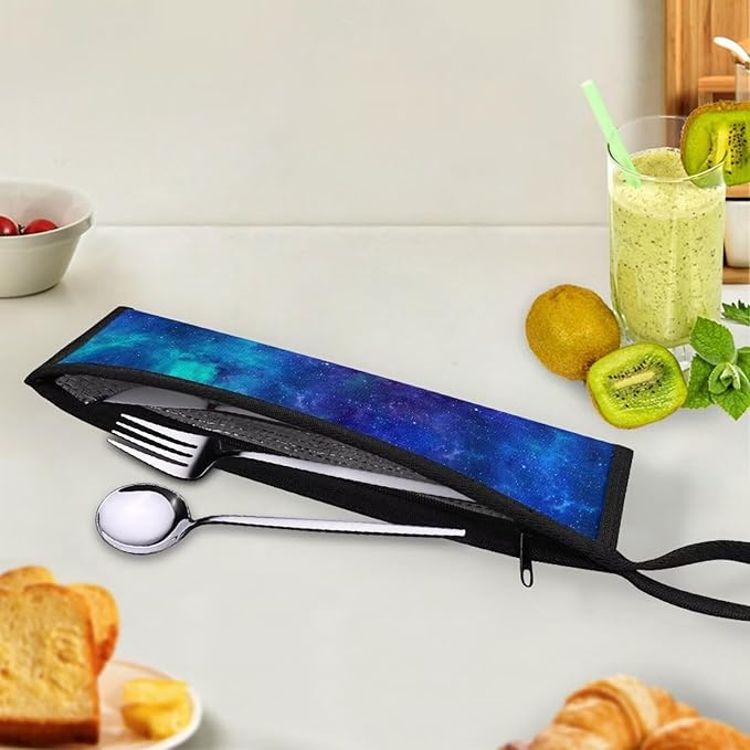 COEQINE Purple Space Theems Straw Carrying Bag With Handles Reusable Tableware Carrying Case Flateware Pouch Portable Travel Utensil Organizer for Spoon Fork Chopsticks Gift for Father Women Men