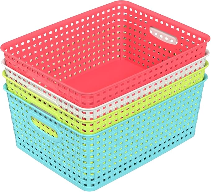 Medium Plastic Woven Storage Basket, Colorful Storage Basket, 4 Packs
