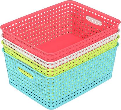 Medium Plastic Woven Storage Basket, Colorful Storage Basket, 4 Packs