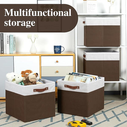 Temary Foldable Cube Baskets 4Pack - Shelf Storage Bins with Handles, Fabric Storage Organizer for Clothes, Home (White&Brown, 13x15x13 Inch)