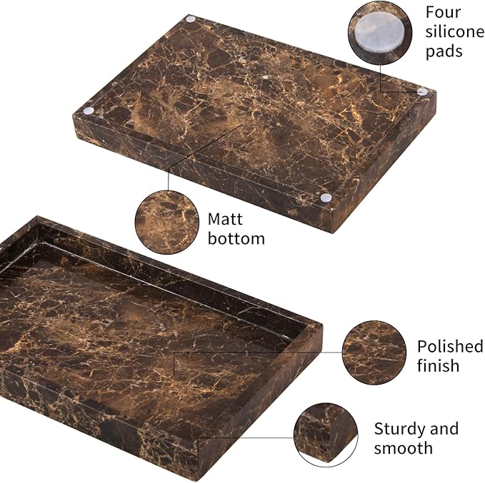 Marble Bathroom Vanity Tray, Natural Luxury Vanity Home Kitchen Bathroom Table Tray, Stone Decorative Countertop Dresser Trays for Key Coffee Perfume Jewelry Makeup (Dark Brown, 12"x 8" x1.2")