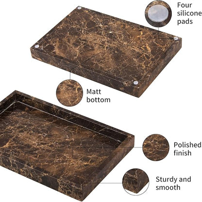Marble Bathroom Vanity Tray, Natural Luxury Vanity Home Kitchen Bathroom Table Tray, Stone Decorative Countertop Dresser Trays for Key Coffee Perfume Jewelry Makeup (Dark Brown, 12"x 8" x1.2")