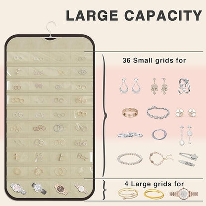 Hanging Jewelry Organizer Storage, 40 Pockets 36 Hooks Necklace Earring Bracelet Ring Organizer, Double - Sided Design, Black and Beige