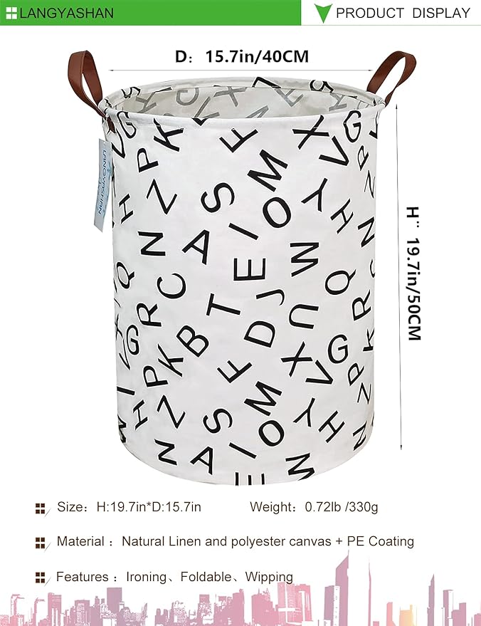Laundry Basket Canvas Fabric Collapsible Organizer Basket for Storage Bin Toy Bins Gift Baskets Bedroom Clothes Children Nursery Hamper (Alphabet)