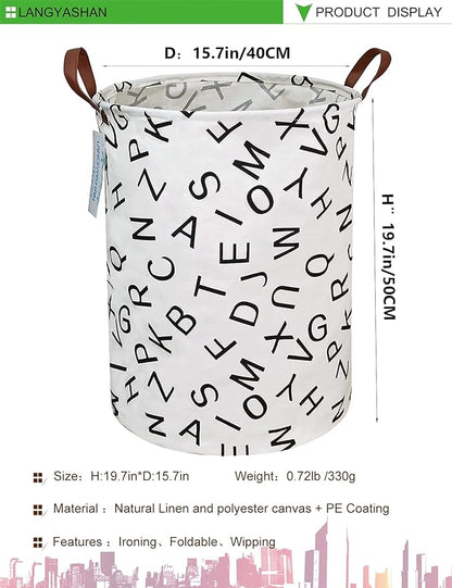Laundry Basket Canvas Fabric Collapsible Organizer Basket for Storage Bin Toy Bins Gift Baskets Bedroom Clothes Children Nursery Hamper (Alphabet)