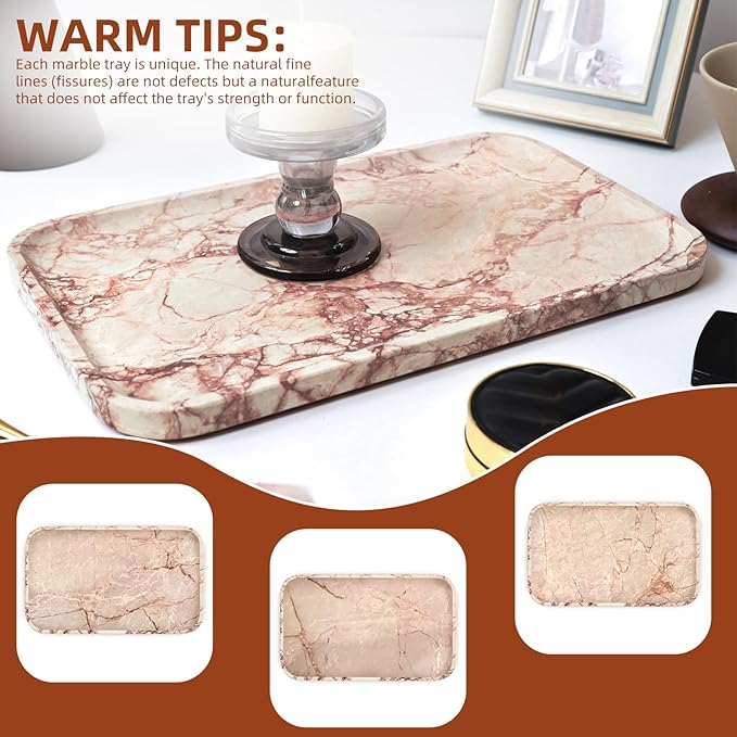 Yew & Tulip 14" x 8.5" Natural Marble Tray for Kitchen, Bathroom, Living Room – Serving/Decorative Vanity Tray for Jewelry, Candles, Decor (Pink)