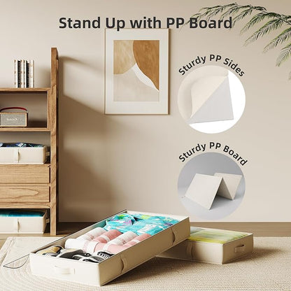 TidyCorner 2-Pack Under Bed Storage, 6 Inches Tall Closet Organizers and Storage Bins with Sturdy Sidewalls/Bottom/4 Handles, Beige
