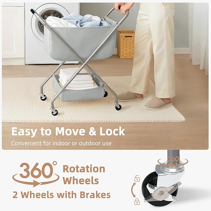 STORAGE MANIAC Collapsible Laundry Cart with Wheels 31.5"H Rolling Laundry Hamper Clothes Basket with Wheels, Canvas Liner Sturdy Steel Frame Folding for Small Narrow Space Easy Storage, Grey