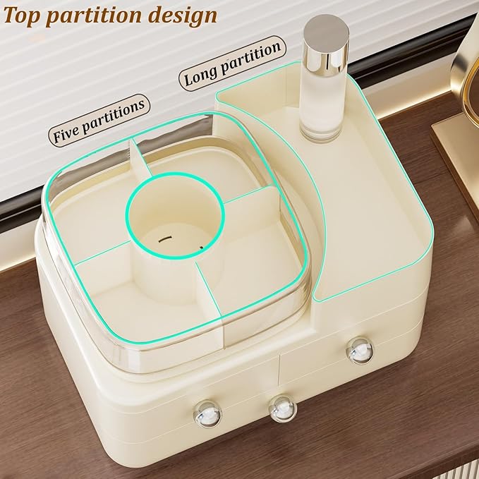 Makeup Organizer with Drawers and 360° Rotating Brush Holder,make up organizers for counter,Large Capacity Cosmetic Storage for Vanity,Skincare,Perfume