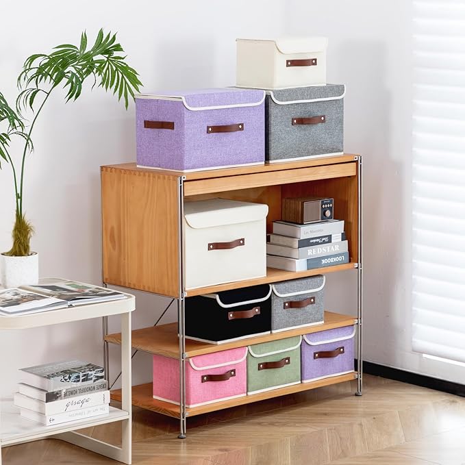 2PCS Storage Bins Box with Lids Decorative Cotton Linen Fabric Baskets Cubes with Handles PP Plastic Board Foldable Washable Lidded Clothing Shelf Closet Organizer Container (Black, Large)