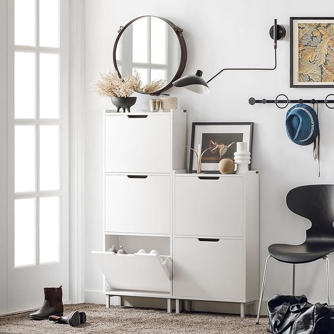 SoBuy Narrow Shoe Cabinet Entryway with 3 Flip-Drawers, Slim Freestanding Shoe Organizer, Space-Saving Hidden Shoe Storage Rack for Hallway or Closet, White FSR151-H-W