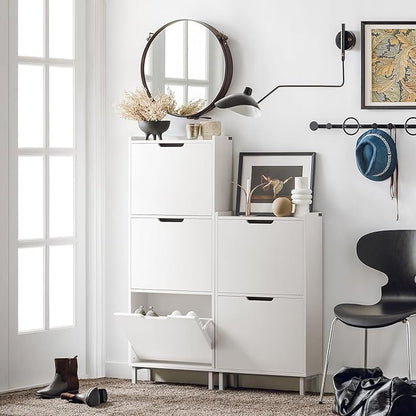 SoBuy Narrow Shoe Cabinet Entryway with 3 Flip-Drawers, Slim Freestanding Shoe Organizer, Space-Saving Hidden Shoe Storage Rack for Hallway or Closet, White FSR151-H-W