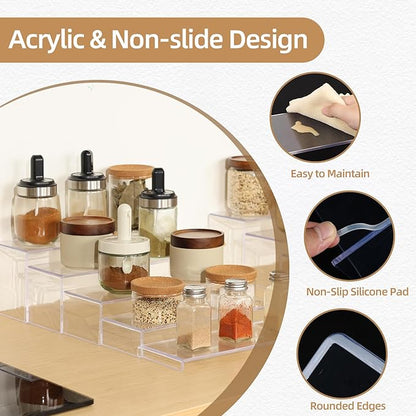 10 Pack Acrylic Spice Rack Organizer for Cabinet(10.8"~12.4"L), 5 Size Seasoning Organization with Non-Slide Silicone Pads, Clear Shelf Riser Storage Can & Cup for Kitchen Countertop, Cupboard, Pantry