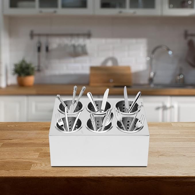 Commercial Utensil Holder, Commercial 6-Hole Stainless Steel Cylinder Flatware Silverware Utensil Holder Compact Cutlery Organizer Countertop Silverware Organizer for Restaurant (6-Hole)