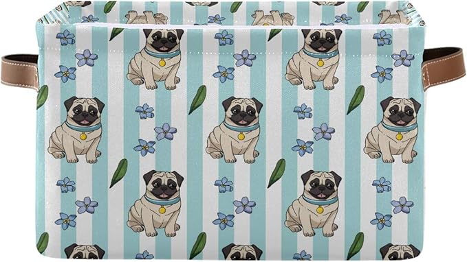 Large Storage Basket Bin Cute Cartoon Pugs Storage Cube Box Foldable Canvas Fabric Collapsible Organizer with Handles for Home Office Closet