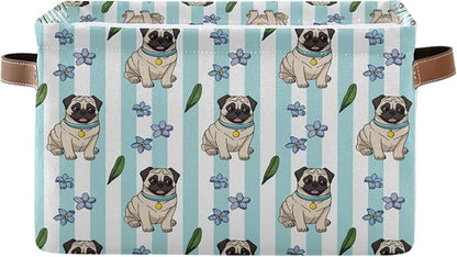 Large Storage Basket Bin Cute Cartoon Pugs Storage Cube Box Foldable Canvas Fabric Collapsible Organizer with Handles for Home Office Closet